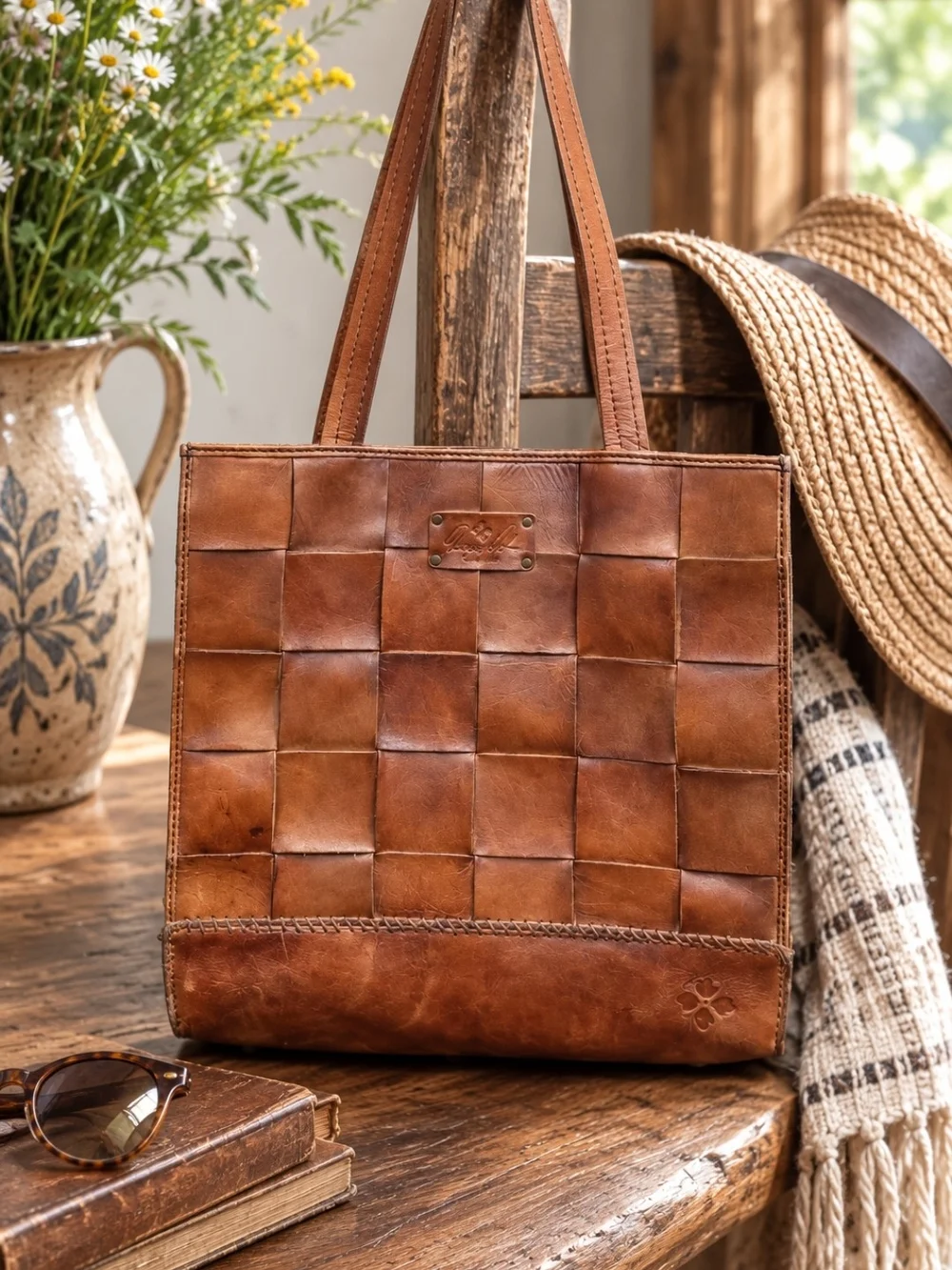 Patricia Nash Woven Patchwork Leather Tote Bag Brown Shoulder Purse